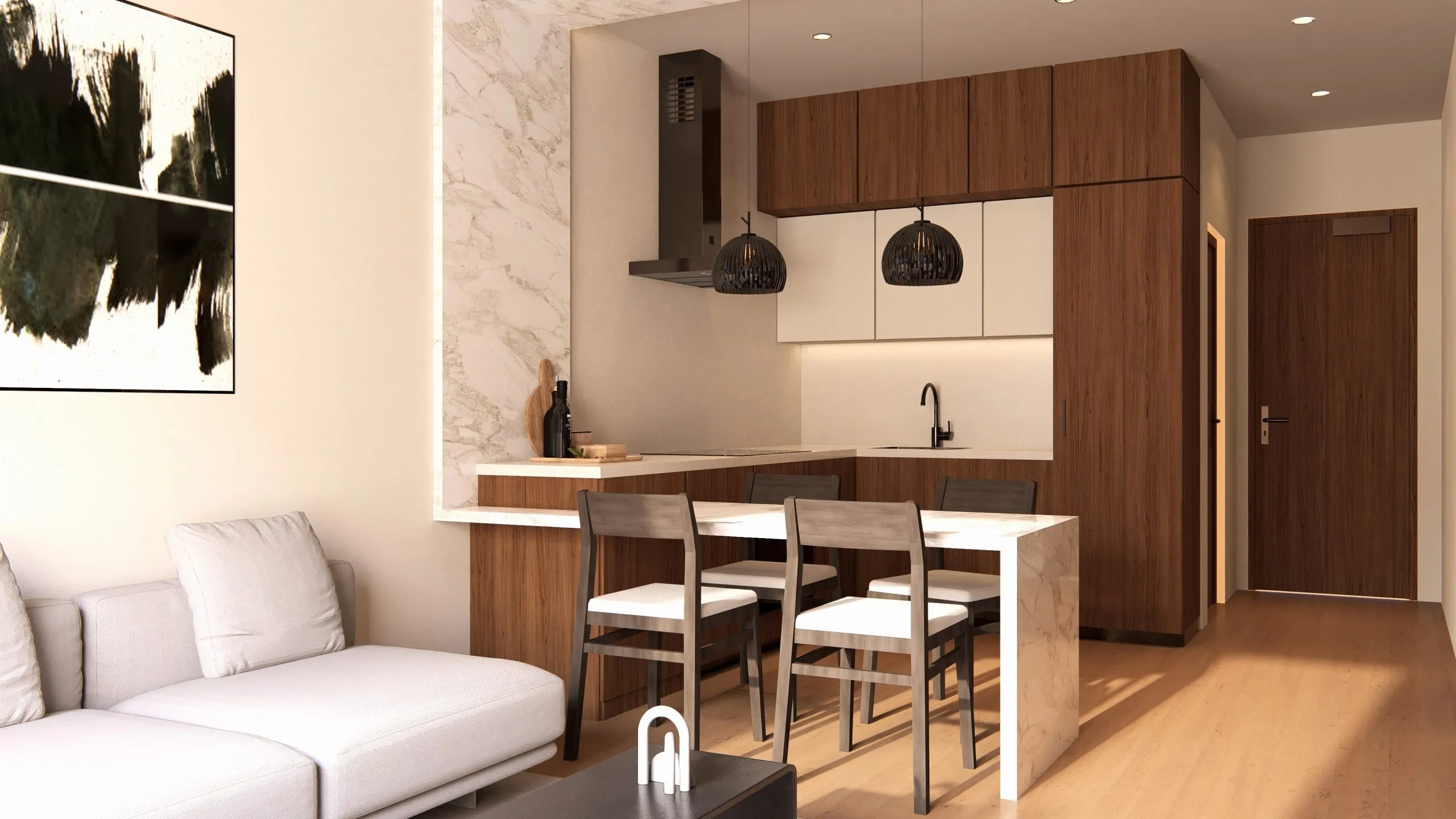 Cocina, comedor y salón abiertos en una vivienda del edificio Ap, Palma