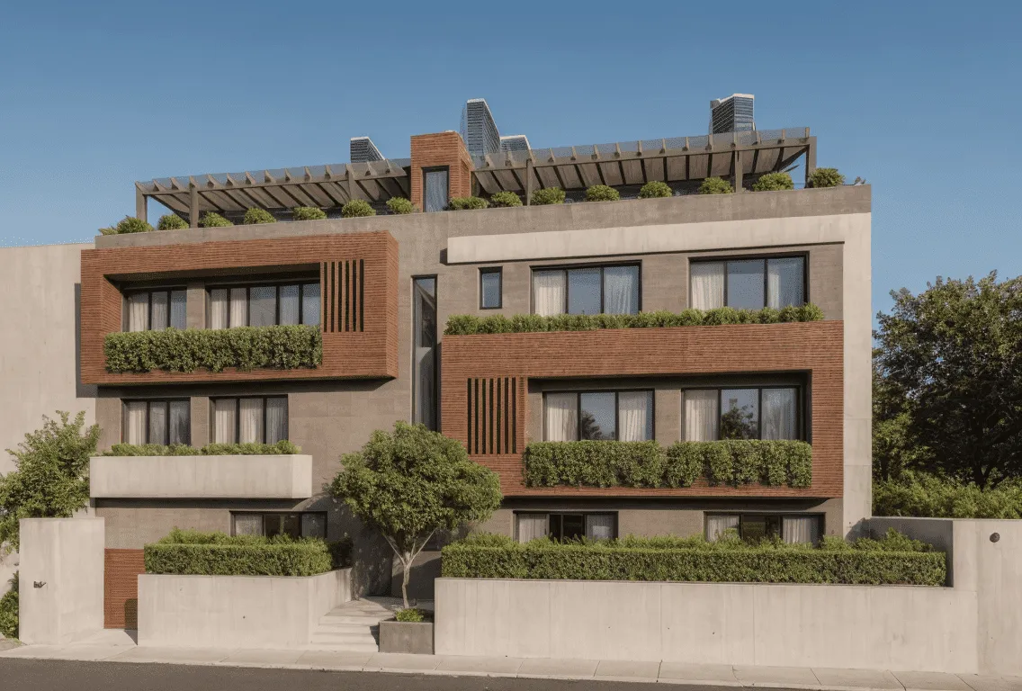 Fachada del edificio Baladre en Palma con madera y jardineras, vista diurna
