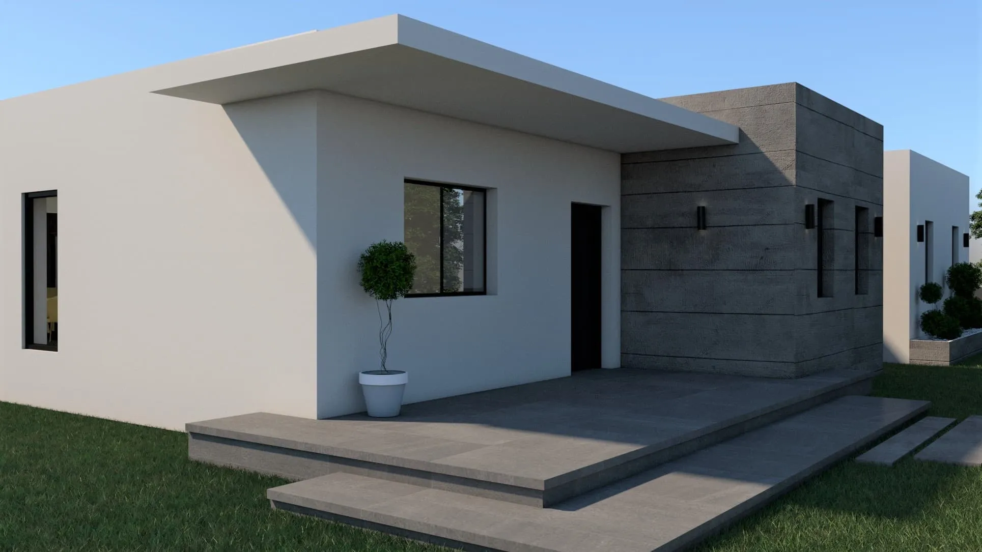 Acceso a la vivienda GM en Palma con plataforma y revestimiento oscuro