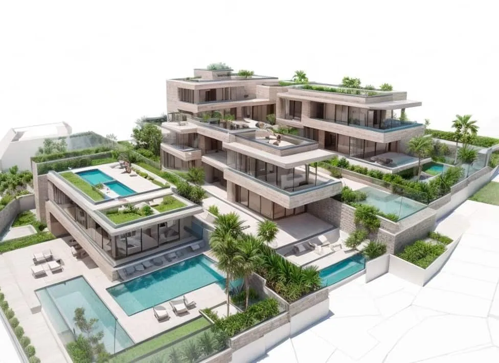 Sampol, Bonanova: vista aérea de la vivienda con terrazas, piscinas y jardín