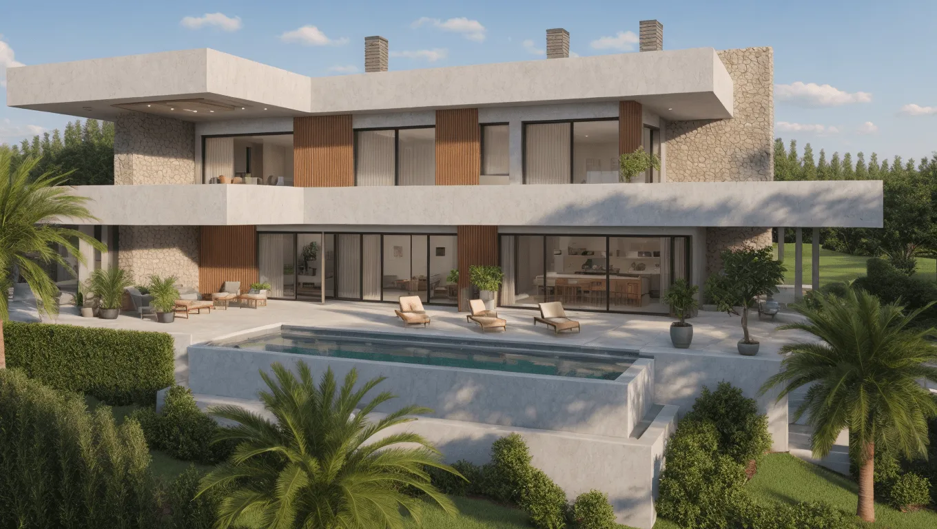 Fachada principal de la vivienda Sa Font Seca I en Bunyola con piscina