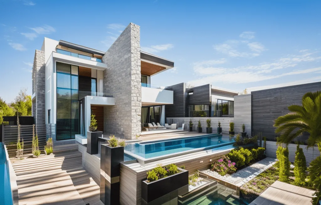 Render diurno de la vivienda Sam en Bonanova, Palma, con fachada de piedra y vidrio y piscina