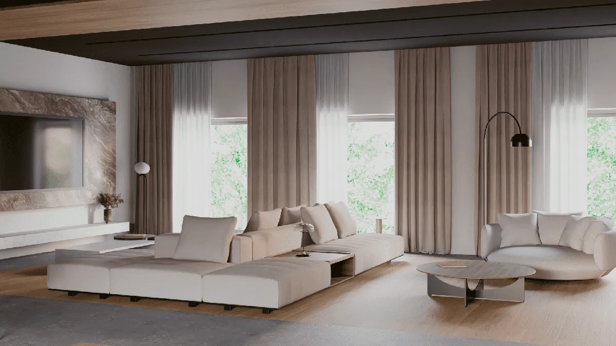 Render del salón de la vivienda Avenidas en Palma, con sofás claros y cortinas de gran altura