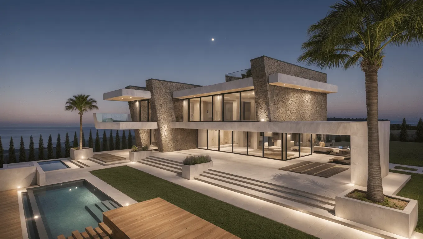 Render al atardecer de la vivienda ORI en Palma con piscina, escalinata y vista al mar