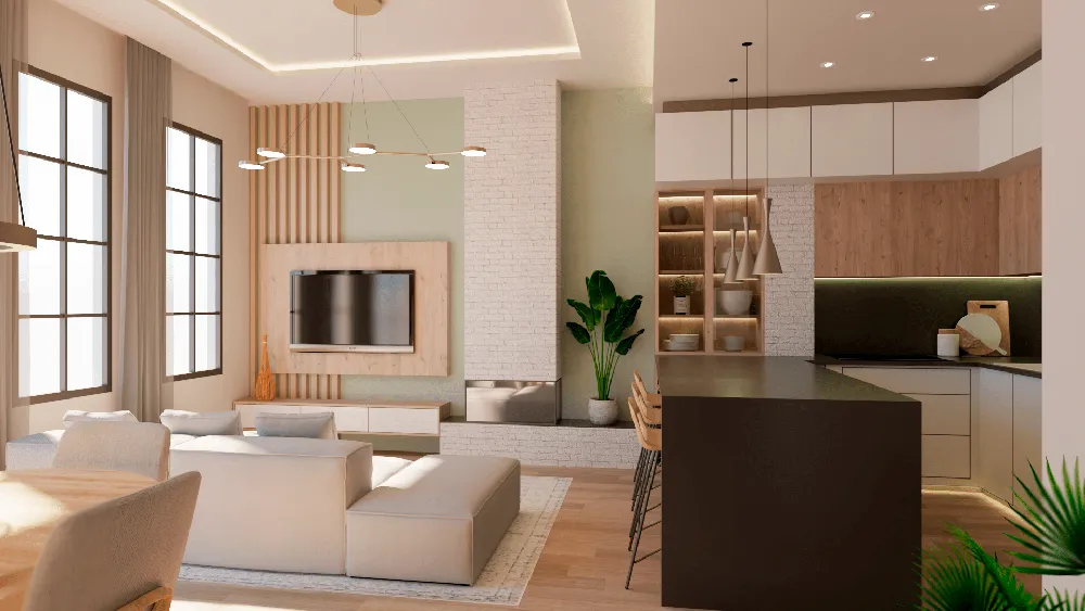 Salón y cocina abiertos en el proyecto FMI de reforma a vivienda en Cáceres