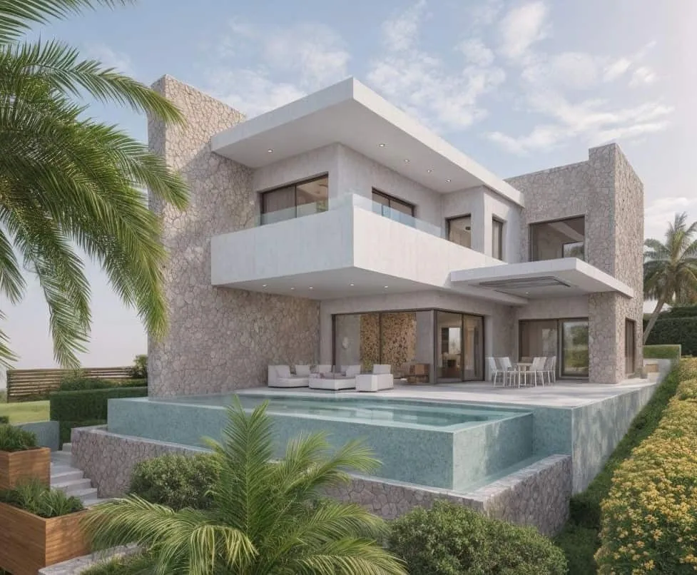 Render de Sampol A, vivienda con piscina en Bonanova, Palma, con fachada blanca y piedra