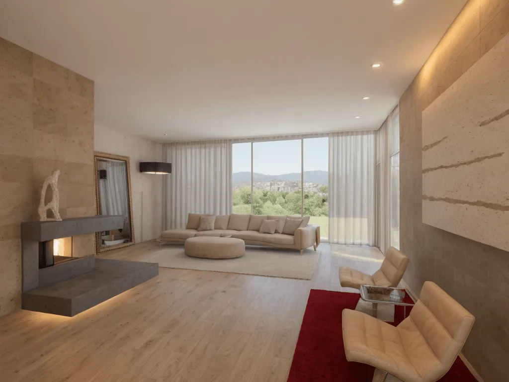 Salón con chimenea y frente de piedra en la vivienda Es Ventall, Bunyola