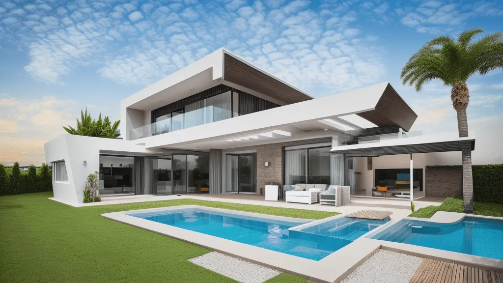 Render de la vivienda Vall en Mallorca con volúmenes blancos, porche y piscina
