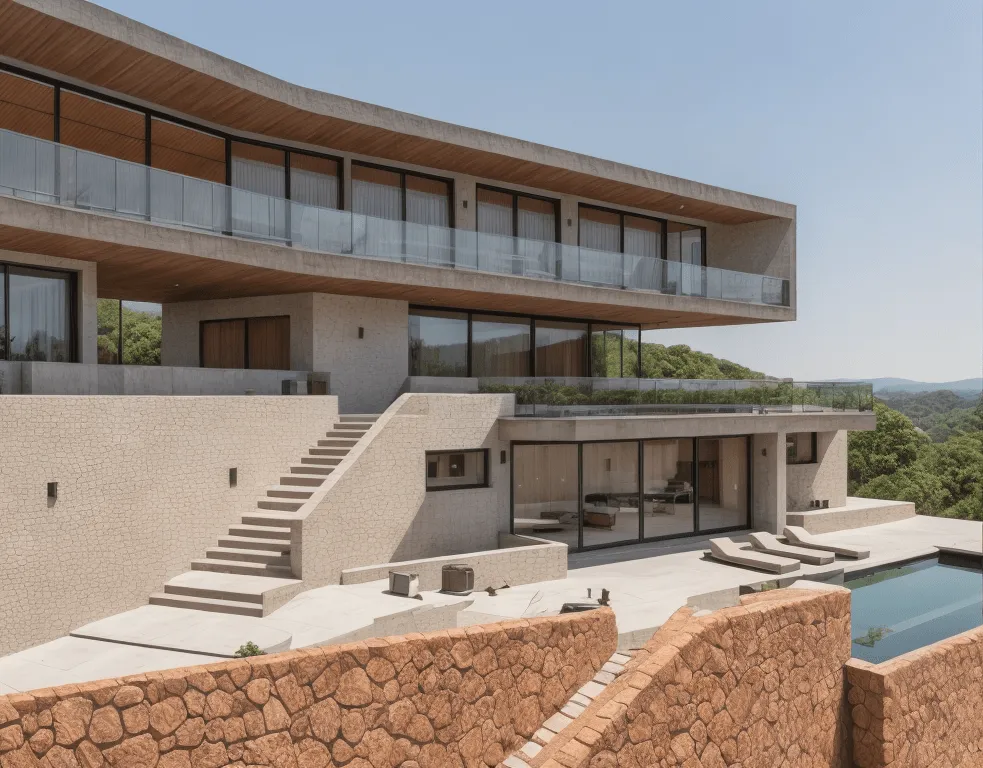 Render de la vivienda Ola en Son Vida con terraza, escalera exterior y muro de piedra