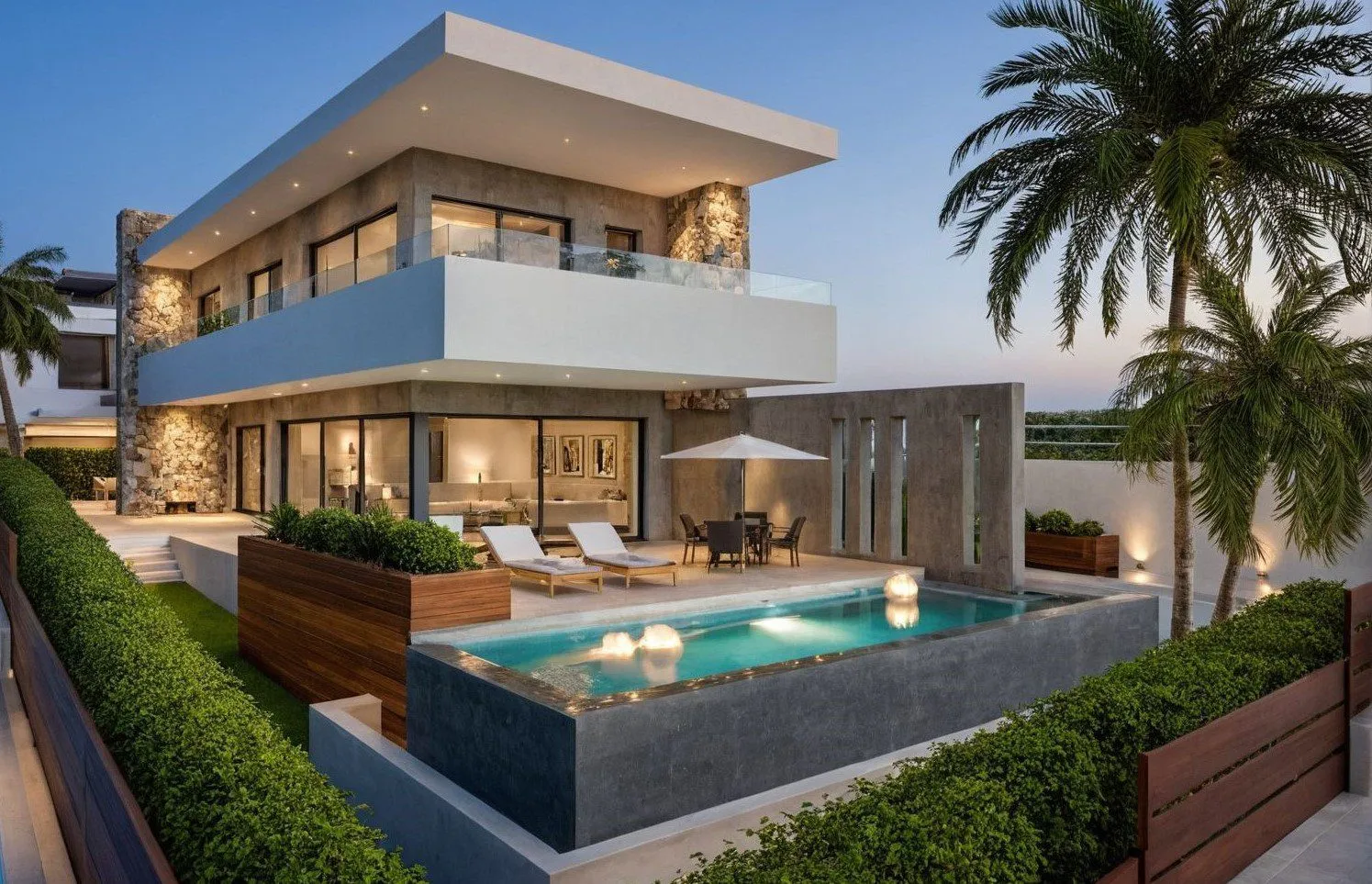 Render nocturno de la vivienda Sam2 con piscina en Bonanova, Palma