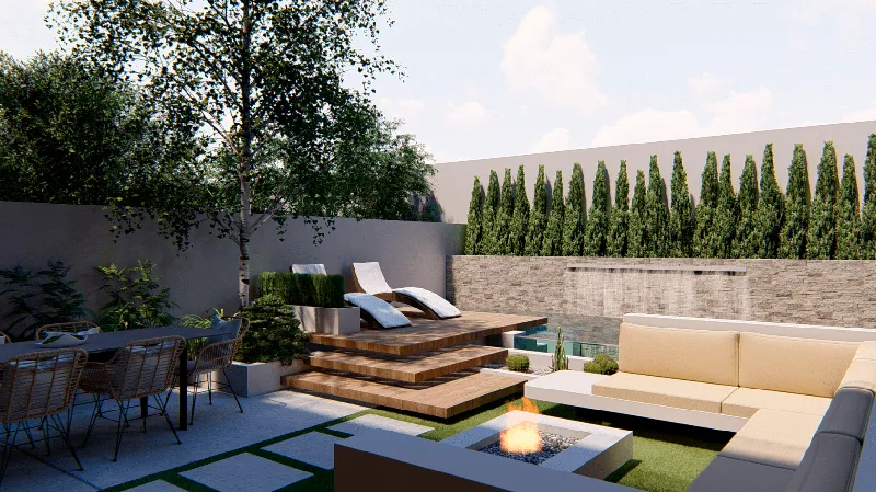 Patio con piscina, zona de estar y fuego en la vivienda Murillo, Santa Catalina