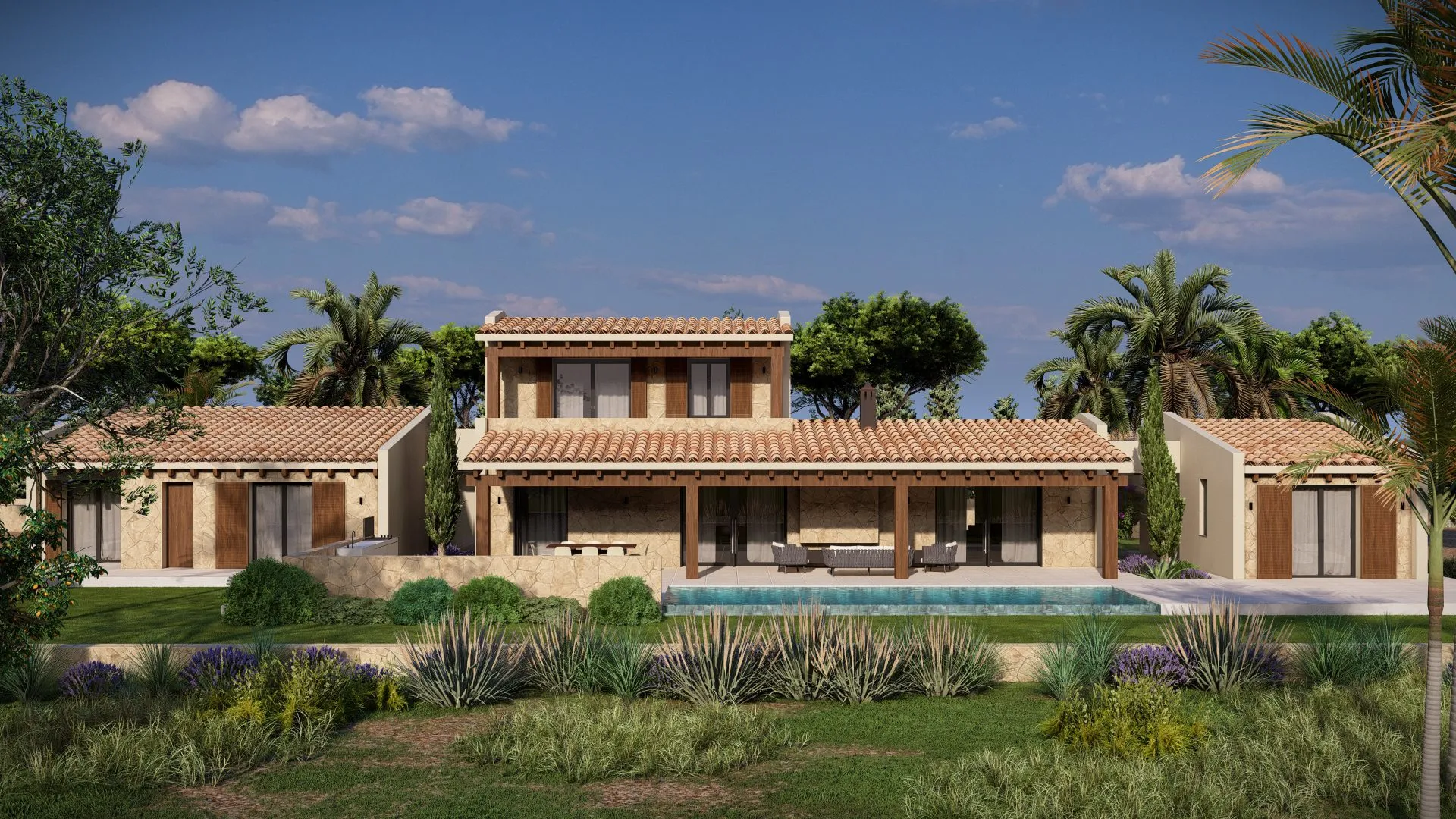 Fachada principal de la vivienda Corn en Felanitx con piscina y jardín
