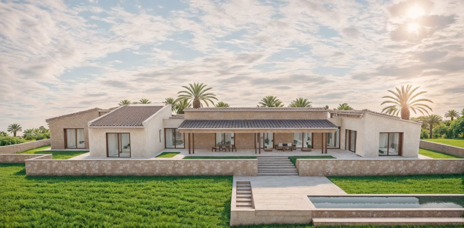 Render de la vivienda Koll en Sant Llorenç, Mallorca, con jardín y piscina