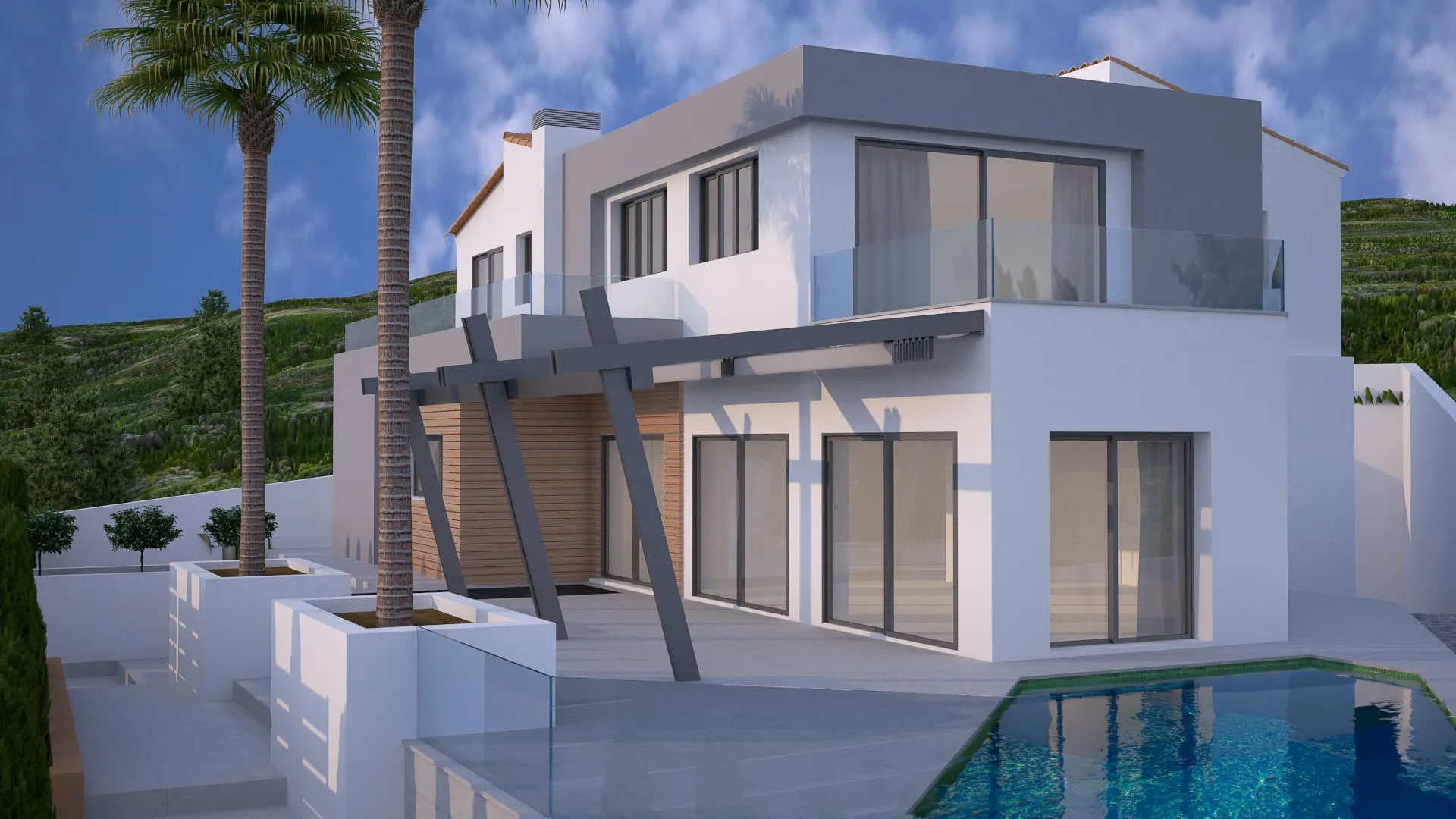 Render de la reforma integral de la vivienda Fort en Portals Nous con terraza, pérgola y piscina