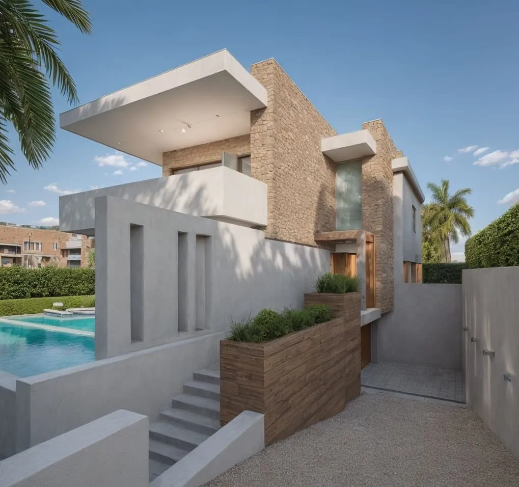 Render exterior de la vivienda Sampol B en Bonanova con volúmenes blancos, piedra y escaleras al jardín