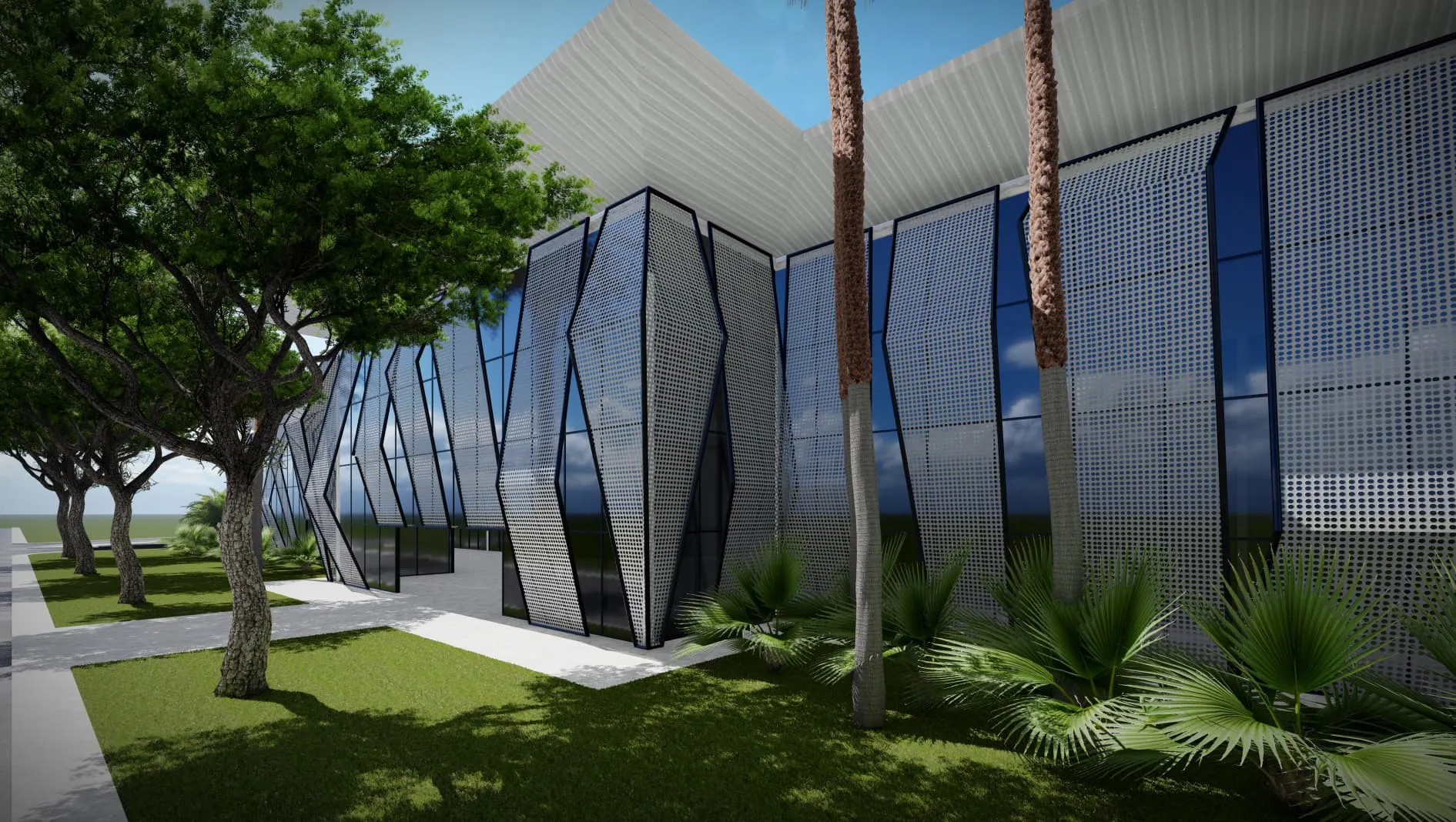 Render de la fachada facetada de World Car Center en Palma con árboles y paneles de vidrio