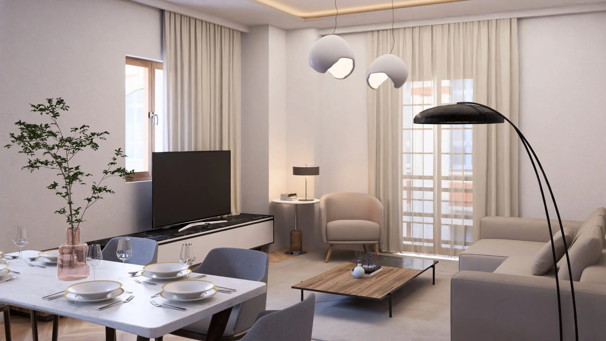 Render del salón-comedor de las viviendas AP 2 en Palma de Mallorca, con ventanales y lámparas colgantes
