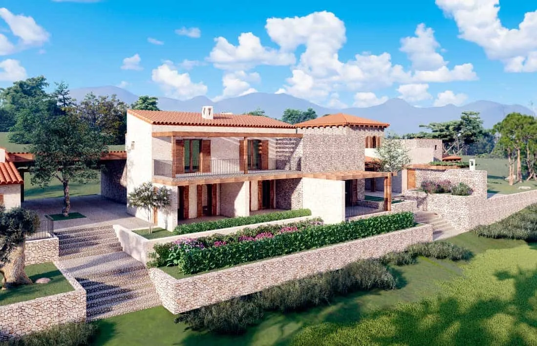 Volumen principal de piedra y teja del proyecto Saljub en Mallorca