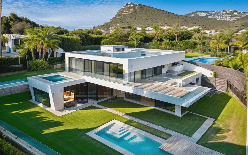 Vista aérea en render de la vivienda Vall en Mallorca con jardín, piscinas y montaña de fondo