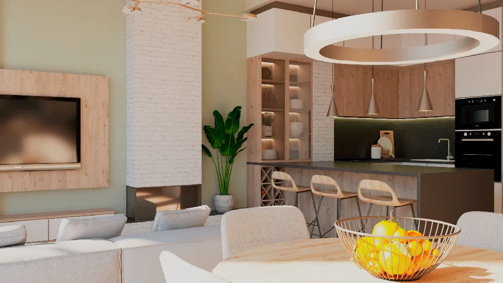 Cocina con isla y taburetes y lámpara circular, proyecto FMI en Cáceres