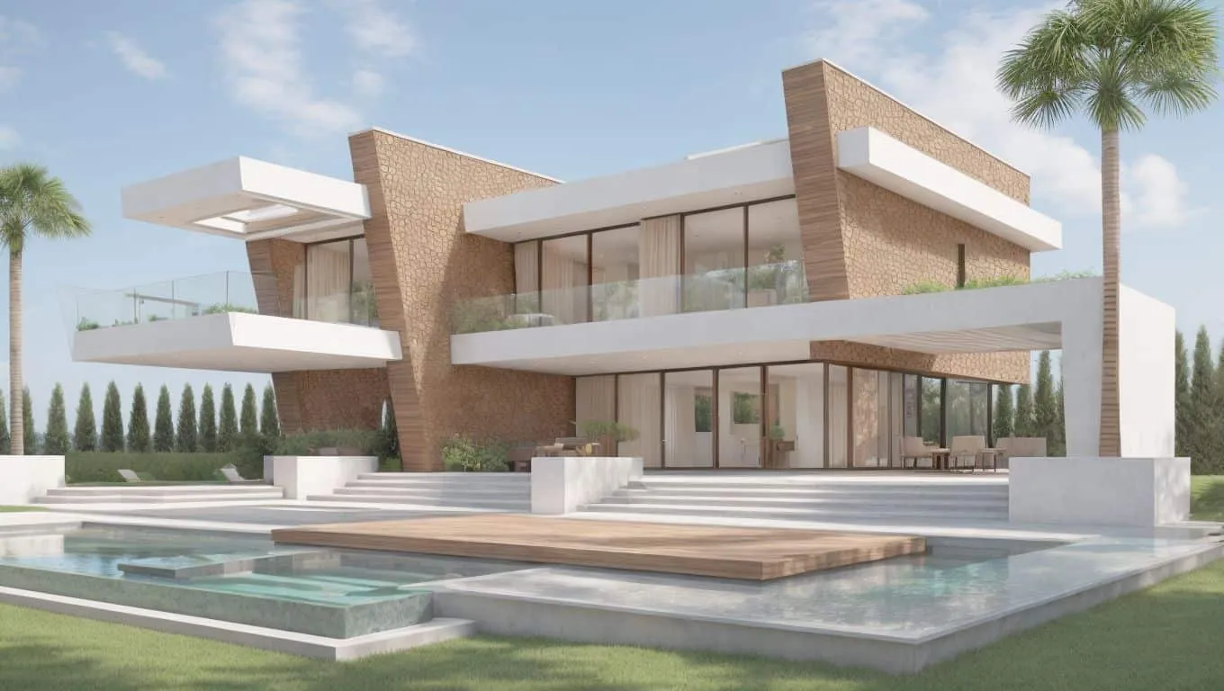 Render diurno de la vivienda ORI en Palma con losas blancas, piedra y piscina con plataforma de madera