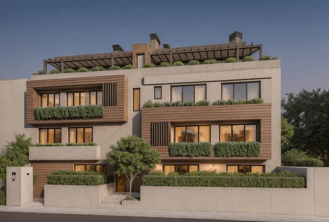 Fachada del edificio plurifamiliar Baladre en Palma al atardecer