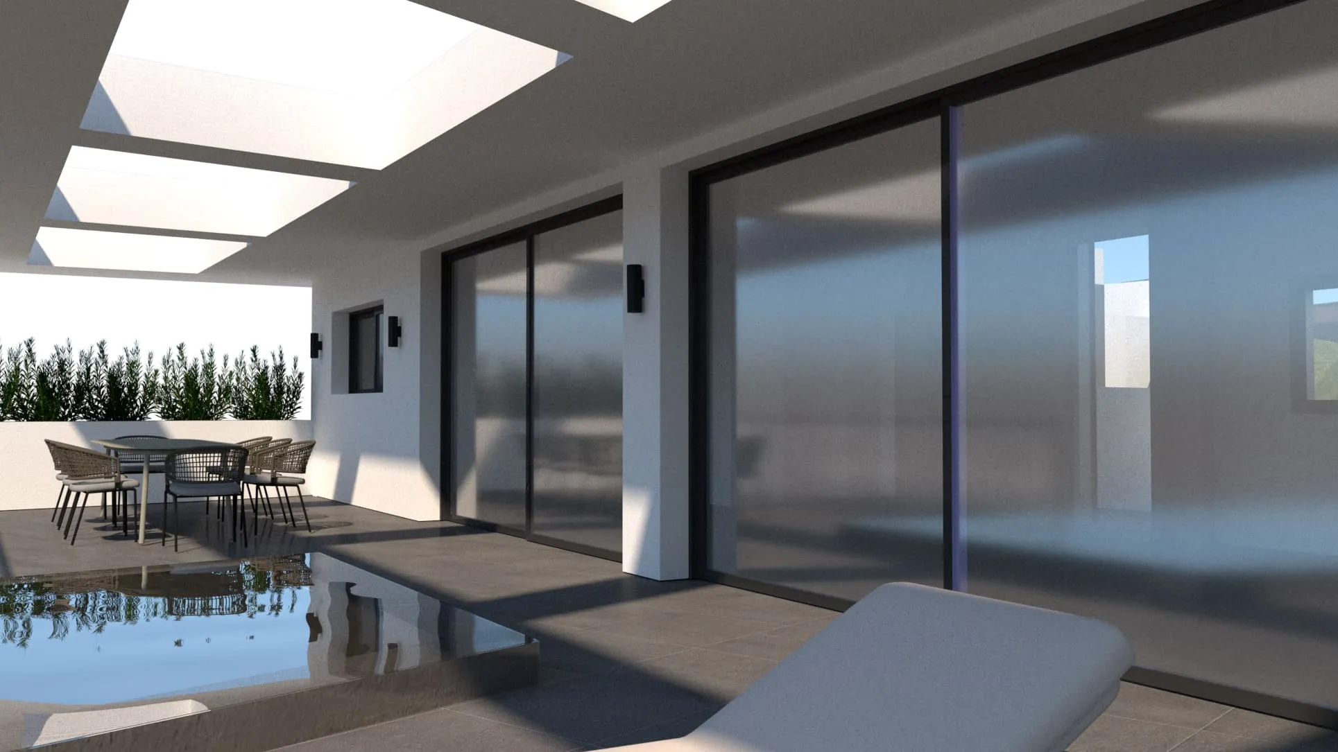 Porche y comedor exterior con grandes puertas de vidrio, vivienda Blan, Palma