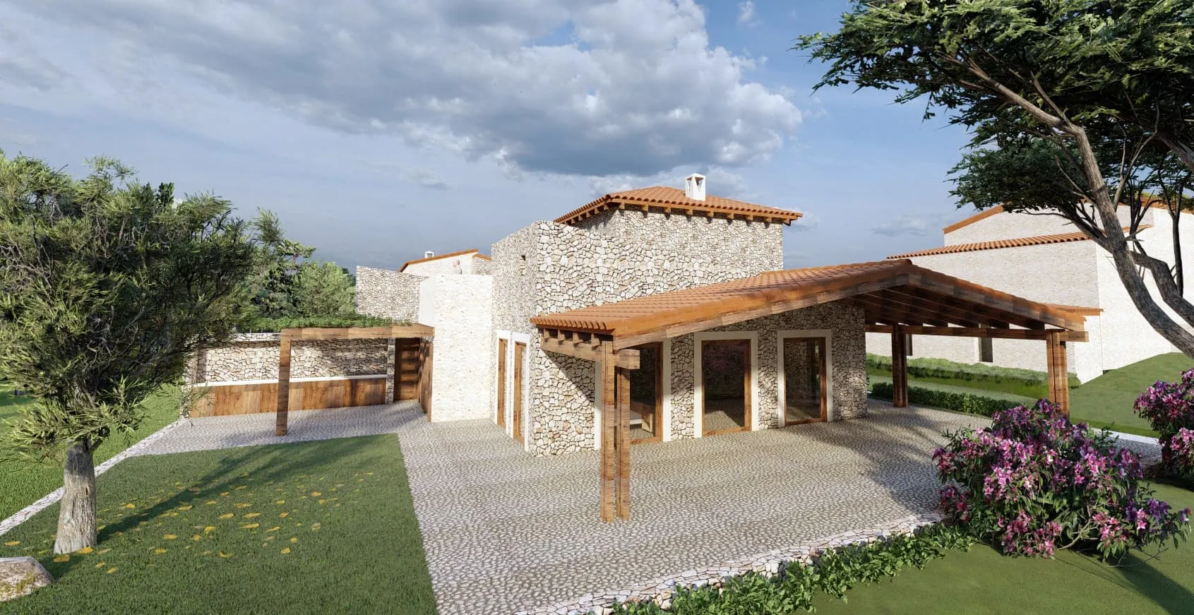 Porche con pérgola de madera y cubierta de teja del proyecto Saljub