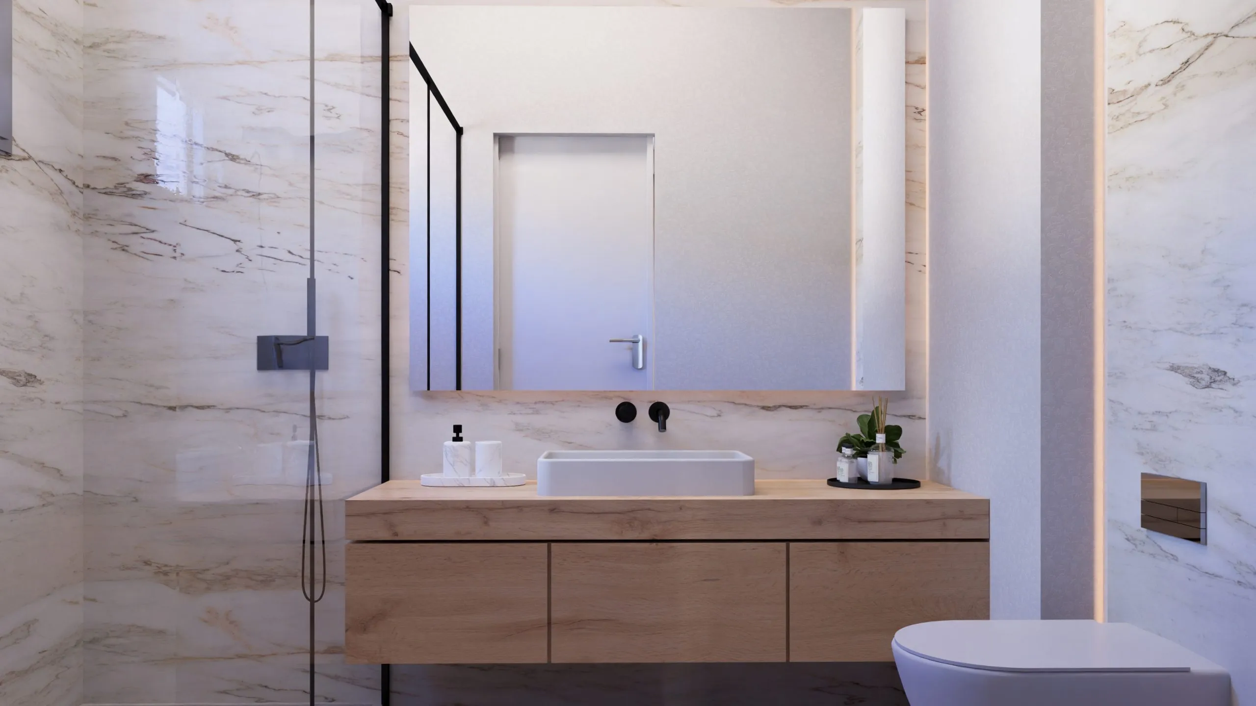 Render del baño de las viviendas AP 2 en Palma, con revestimiento de piedra clara y mueble de madera