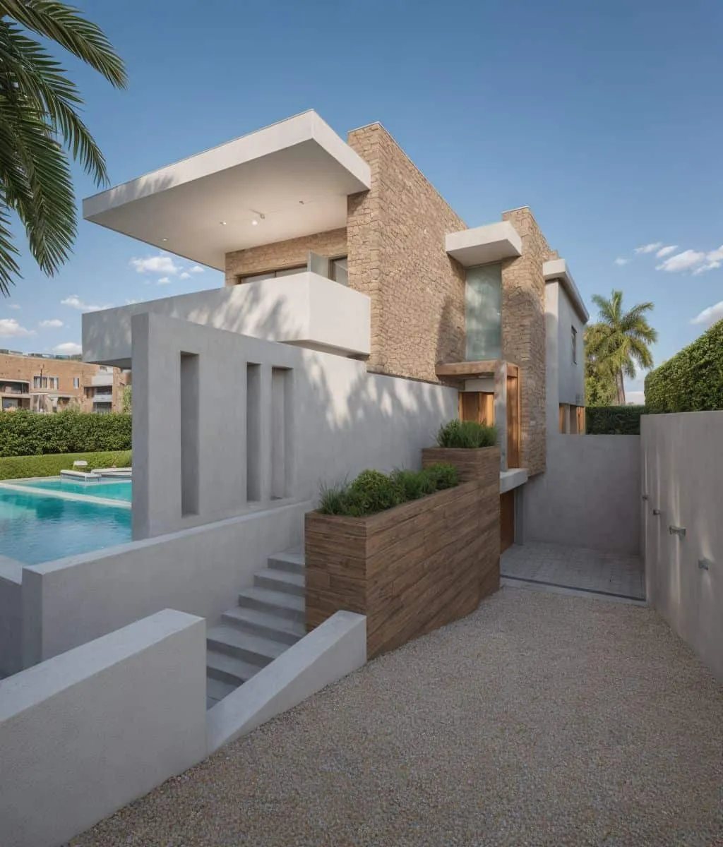 Render del acceso a la vivienda Sampol B, Palma, con rampa, escalera y piscina al fondo