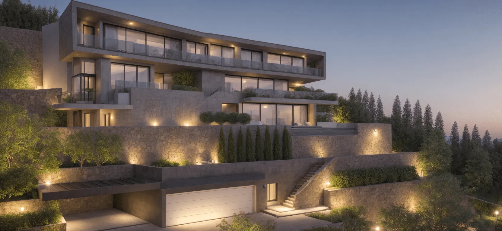 Render al atardecer de la vivienda Ola en Son Vida, Palma, con terrazas iluminadas en la ladera
