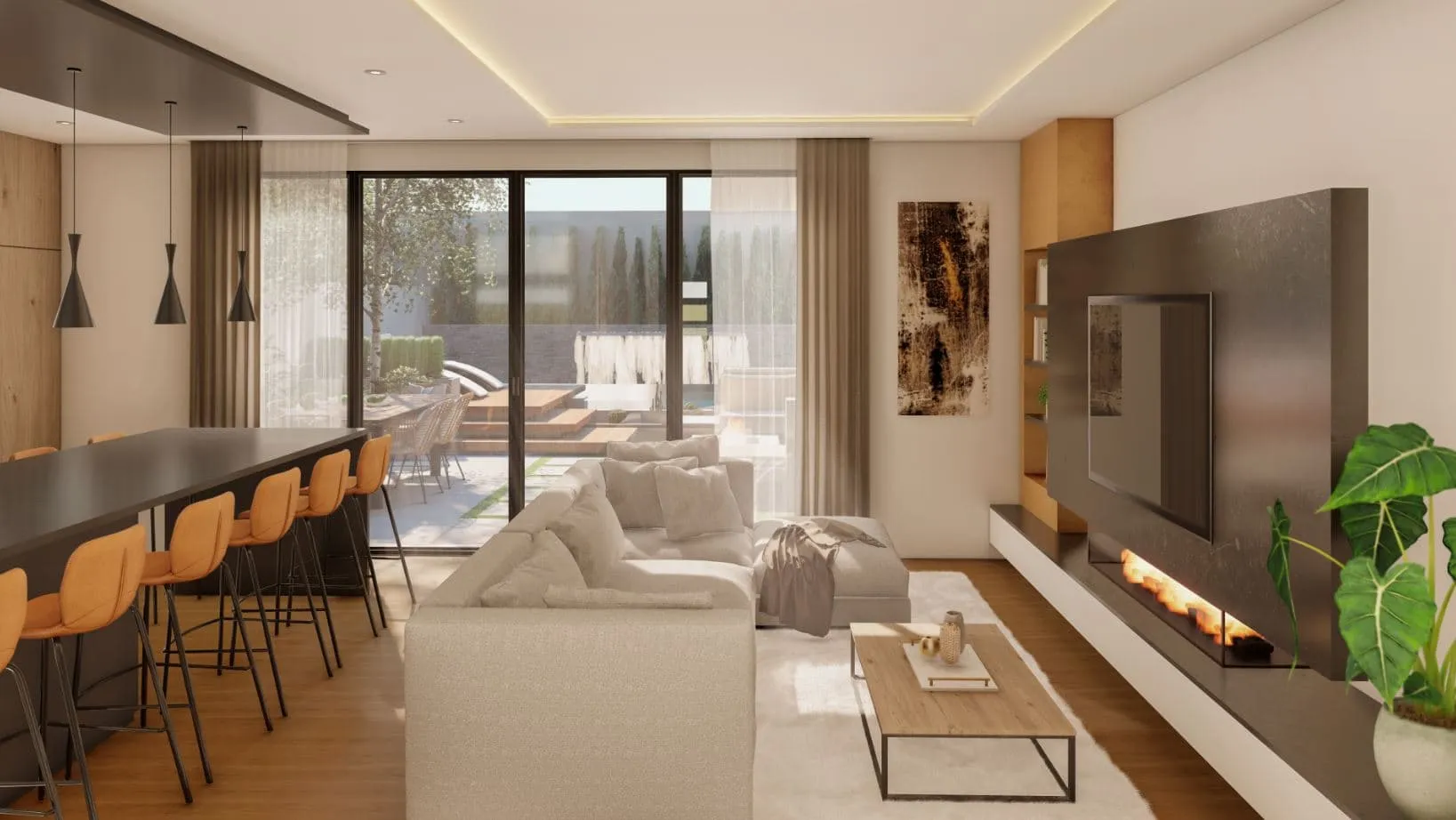Salón y cocina abiertos con chimenea, vivienda Murillo en Palma