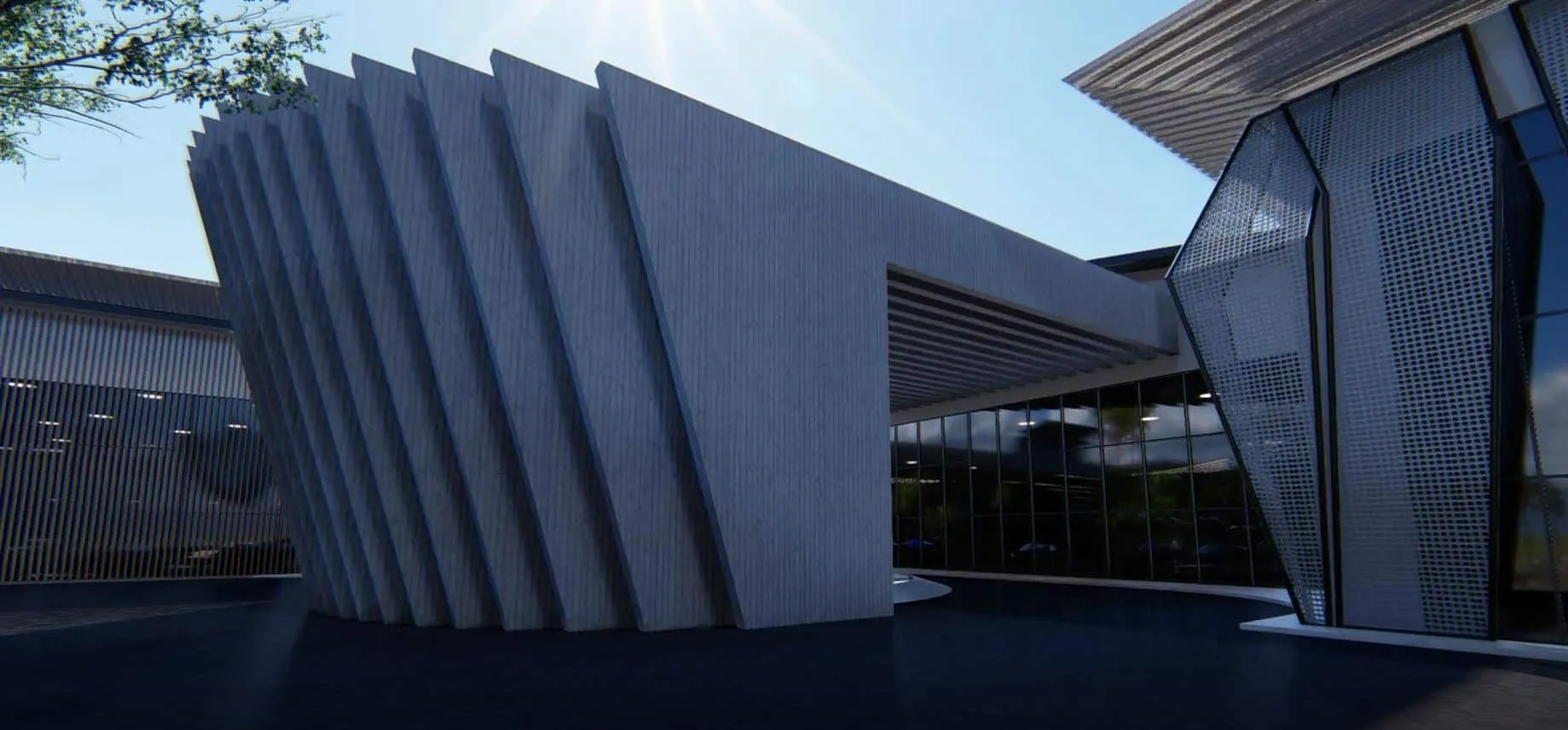 Render de cuerpo curvo con lamas verticales en World Car Center, Palma