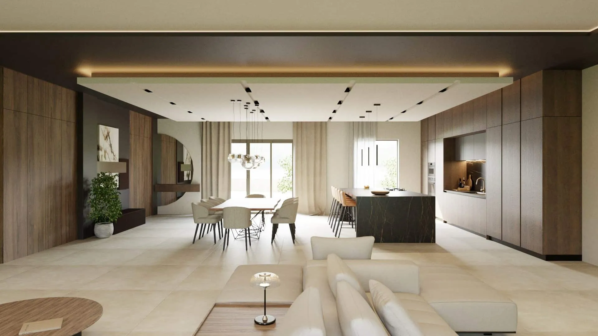 Render del comedor y la cocina abiertos de la reforma Avenidas en Palma de Mallorca