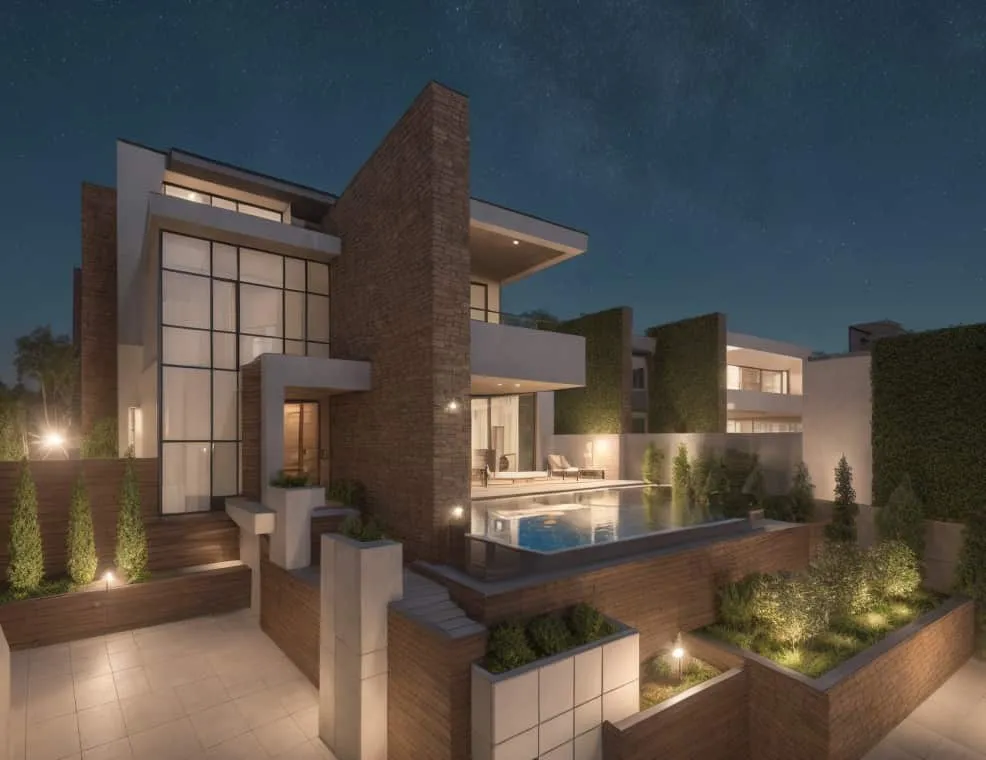 Render nocturno de Sampol A en Bonanova con volumen de piedra oscura y jardín iluminado