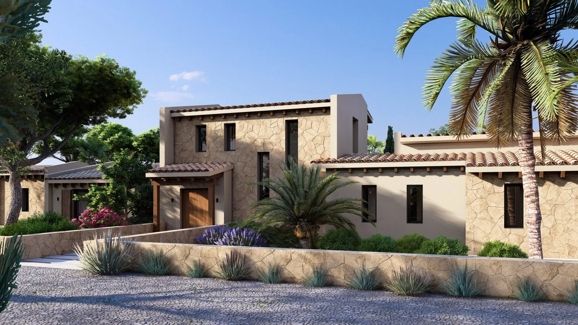 Entrada de la casa Corn en Felanitx, Mallorca, con piedra vista y porche de madera