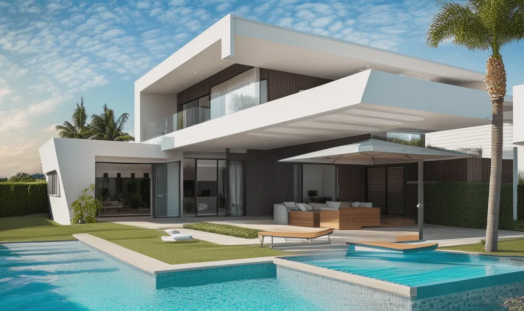 Render del porche y la piscina de la vivienda Vall en Mallorca con toldo y tumbonas