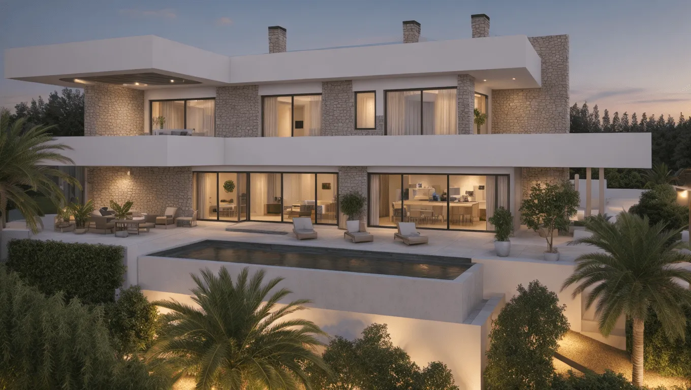 Render nocturno de la vivienda Sa Font Seca I, Bunyola, con luz interior