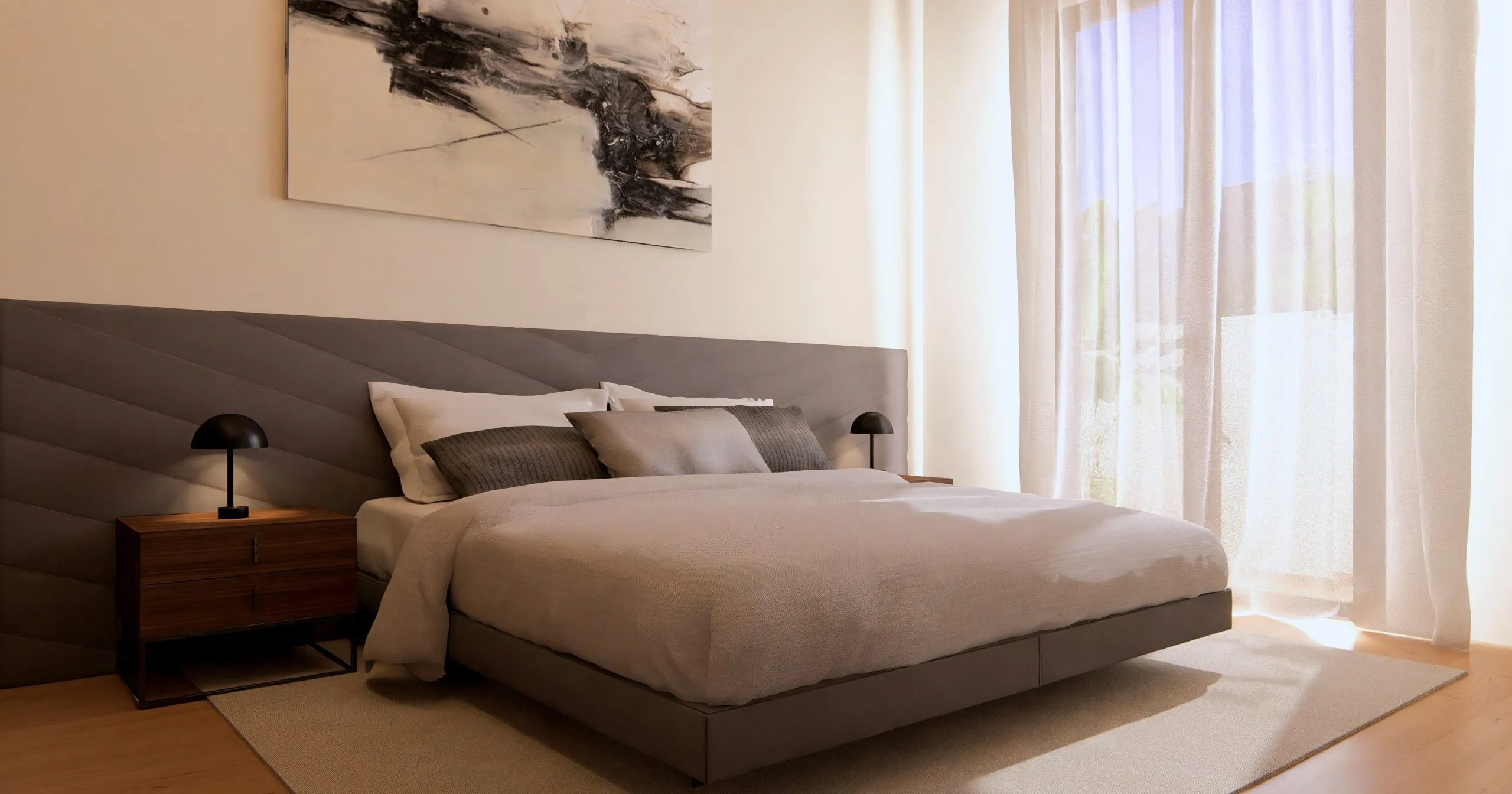 Dormitorio principal con cabecero tapizado en el proyecto Ap, Palma