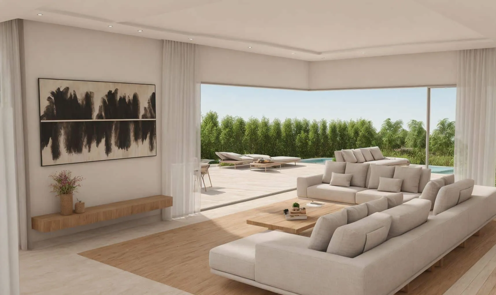Render del salón de Sampol A abierto a la terraza y la piscina con ventanal corredero
