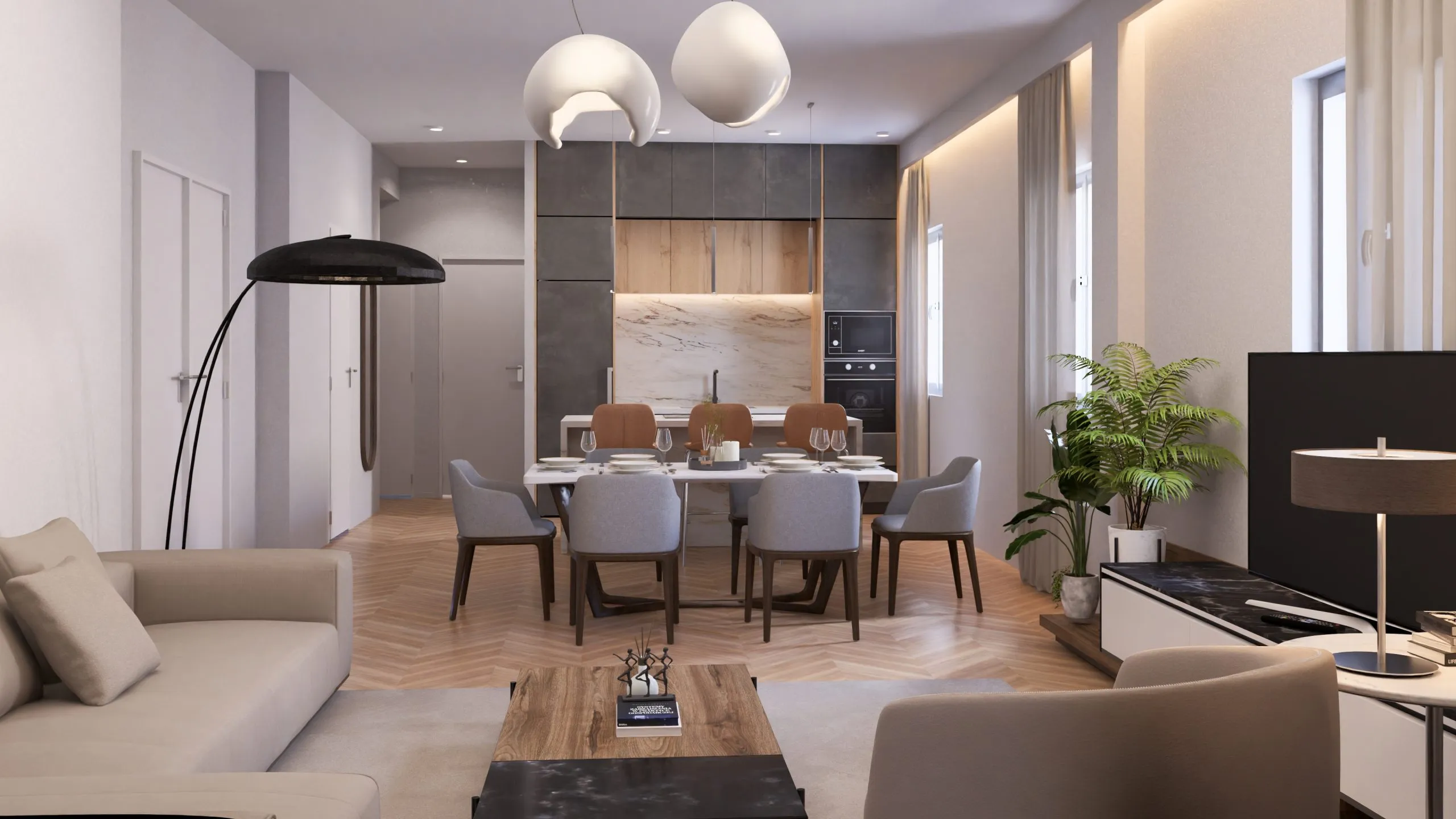 Render del salón, comedor y cocina abiertos de AP 2, edificio de viviendas en Palma