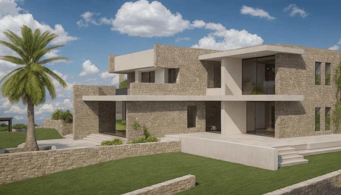 Fachada de piedra y hormigón de la vivienda Es Ventall en Bunyola