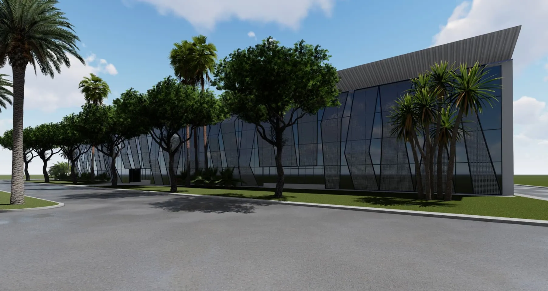 Render del exterior de World Car Center en Palma con palmeras, aparcamiento y fachada acristalada