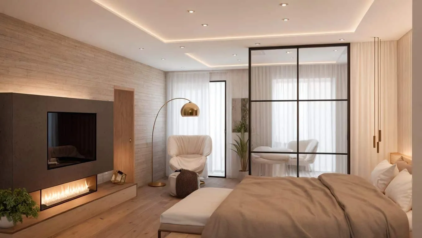 Dormitorio con chimenea y cristalera interior, vivienda Murillo, Palma