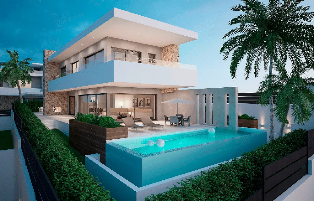 Render de la vivienda Sampol B al atardecer con piscina de borde infinito y palmeras, Bonanova