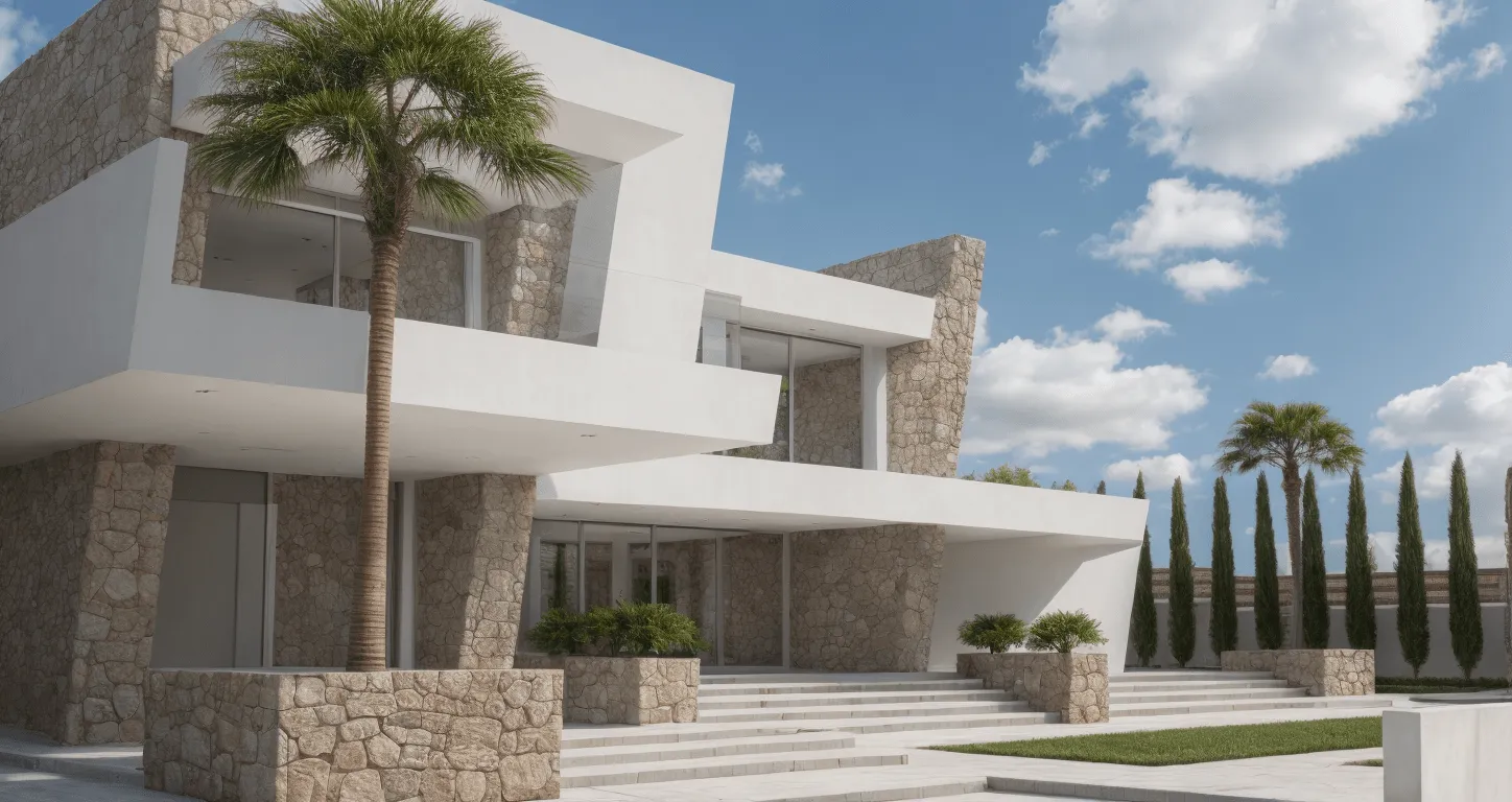 Detalle en render de la fachada de ORI con piedra, losas blancas y palmera