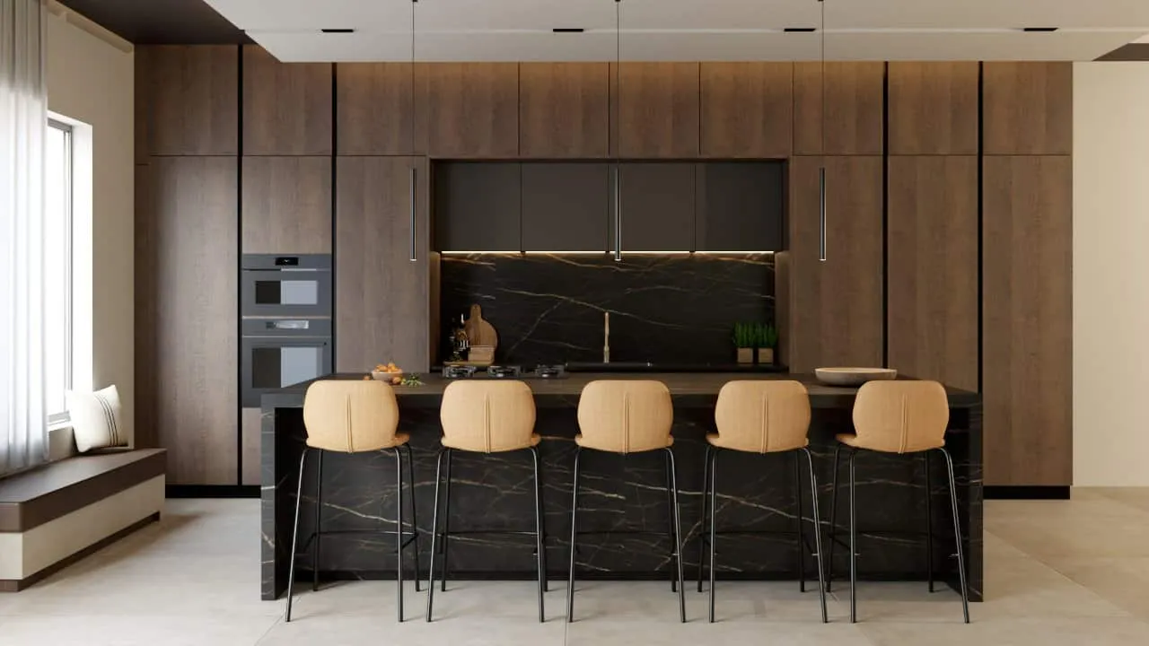 Render de la cocina con isla de piedra oscura y taburetes en la reforma Avenidas, Palma