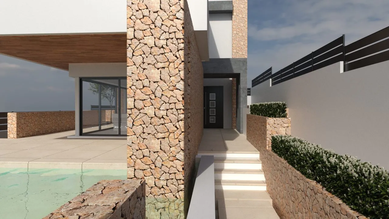 Acceso peatonal con escalera entre muros de piedra, vivienda Sam2 Bonanova