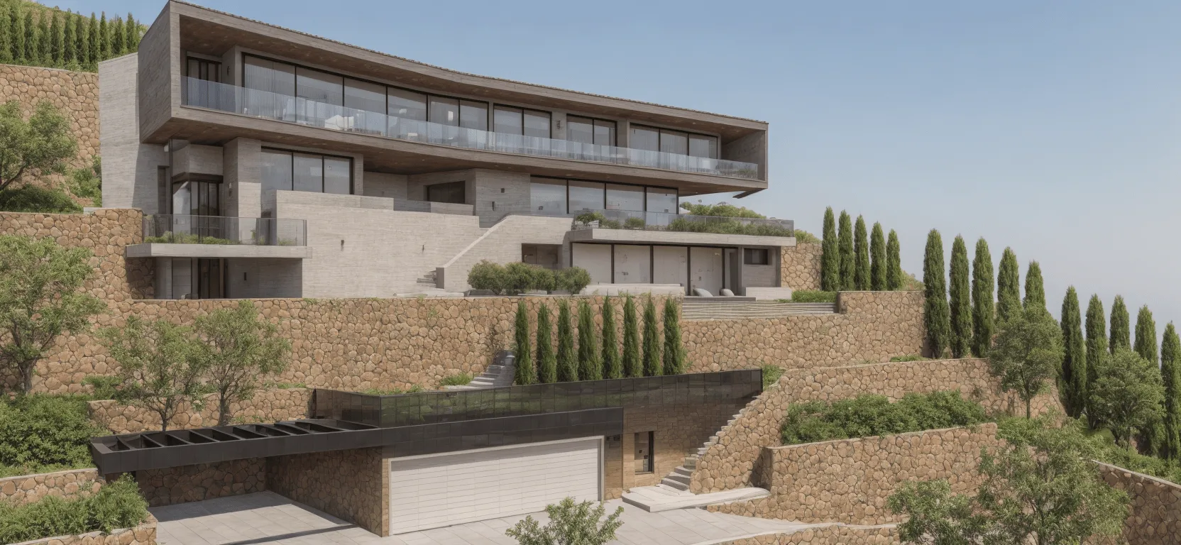 Render diurno de Ola en Son Vida con cipreses, muros de piedra y garaje en la ladera