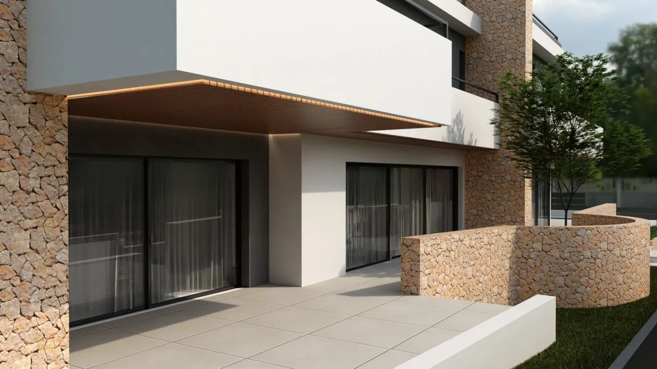 Fachada de la vivienda Sam2 con porche, correderas y muro curvo de piedra